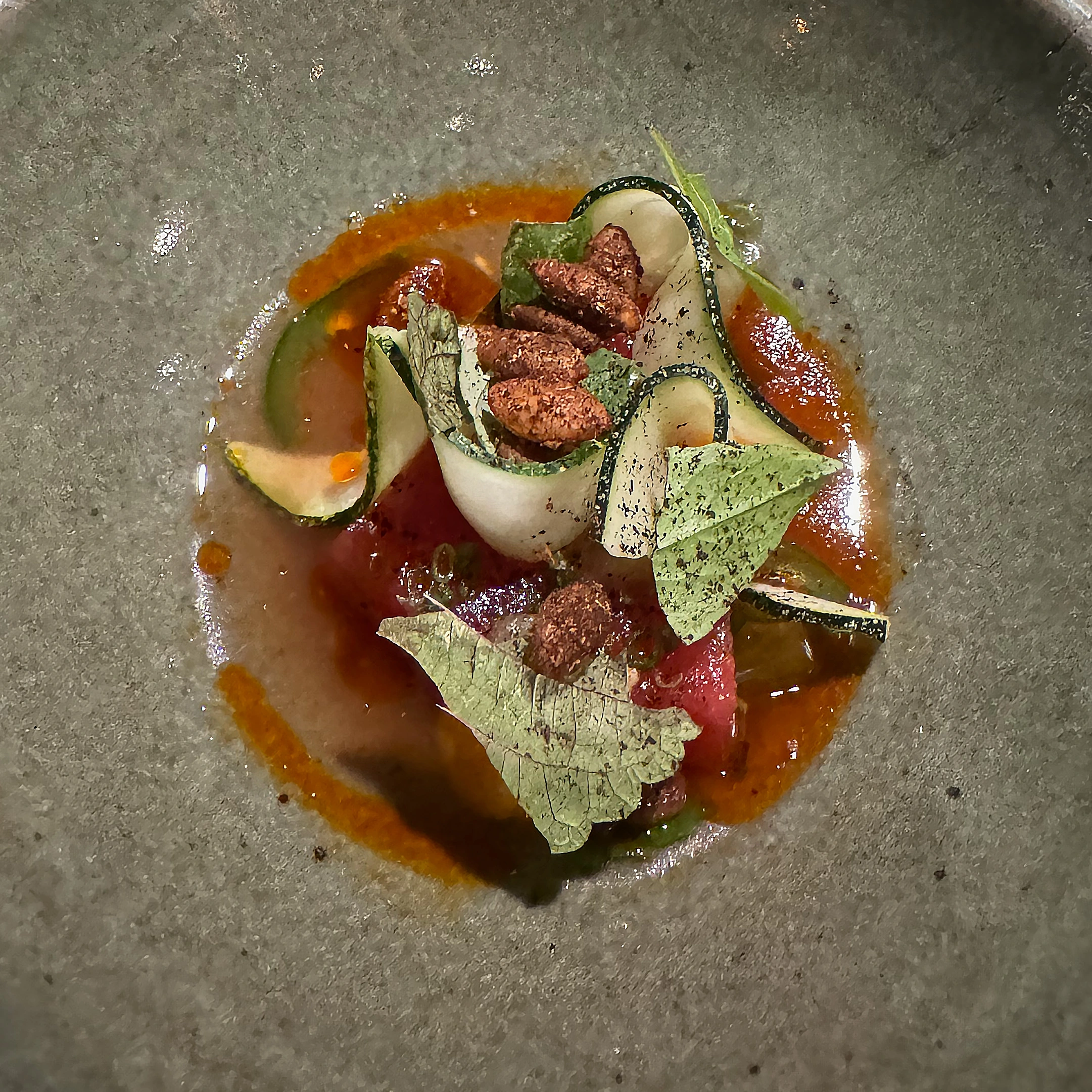 Our first course; watermelon, sungold tomato, squash.